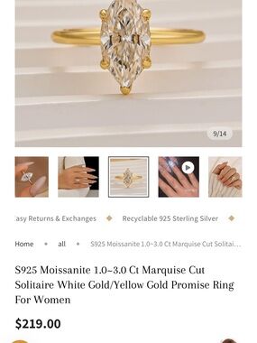 Marquise Moissanite Solitaire Ring in Yellow Gold - White Stone size 7